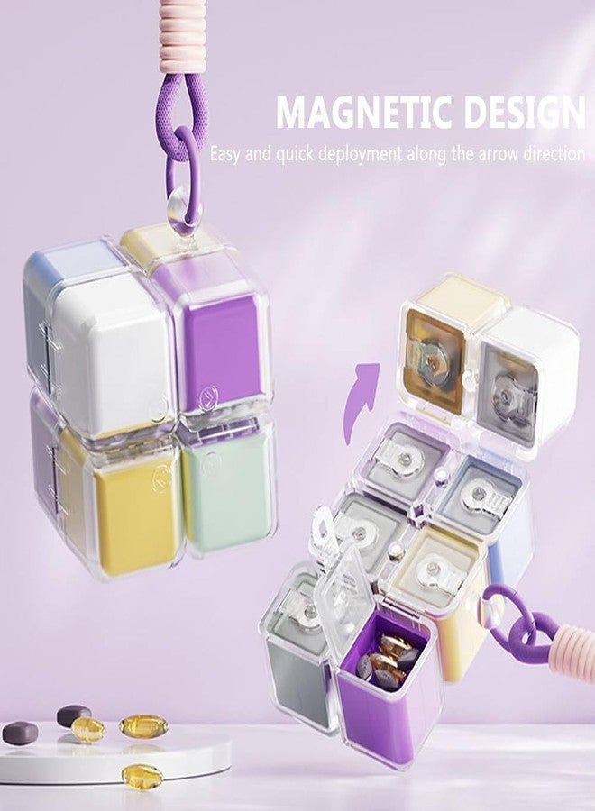 PIHARVA Magnetic Rubik Cube Pill Box Keychain - 8-Compartment Portable Medicine Organizer | Moisture-Proof Mini Travel Pill Holder with Secure Magnetic Lock & Key Ring for Tablets, Fish Oil & Supplements - Image 2